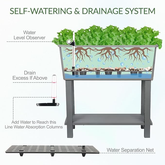 Aoodor 30'' × 14'' × 29'' Elevated Raised Planter Box with Legs, Storage Space, Plastic Drainage Plug & Water Level Indicator for Vegetables Flowers Herbs Outdoor, Gray, Set of 3