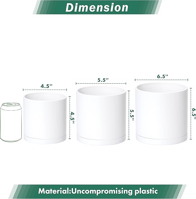 D'vine Dev 4.5 Inch 5.5 Inch 6.5 Inch, Set of 3 Plastic Planter Pots for Plants with Drainage Hole and Seamless Saucers, White Color, Small Plus, 74-V-A-2