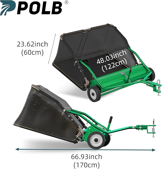 48" Lawn Sweeper Tow Behind - Pull Behind Grass Catcher with 25.16 cu. ft Large Hopper, Heavy Duty Leaf & Grass Collector, Adjustable Brush Height Lever and Dumping Rope, Lawn and Yard Cleanup Tool