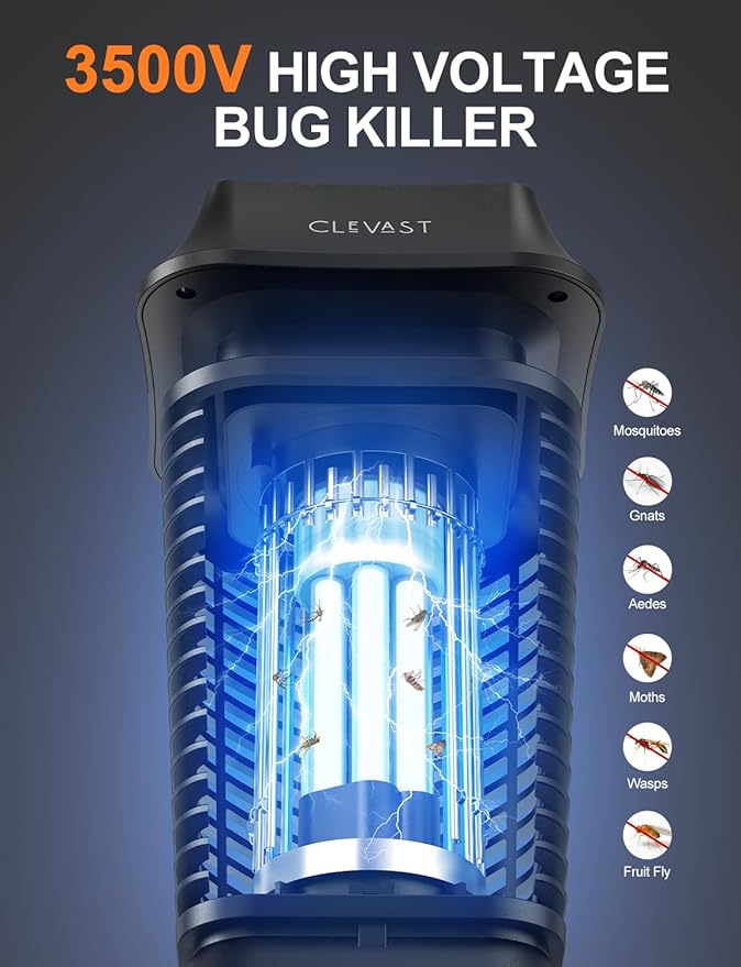 CLEVAST Bug Zapper Outdoor - Electric Mosquito Killer with UV Light, Waterproof Fly Trap for Patio, Yard, Garden, Indoor Use, Black Insect Zapper Lamp - Modern