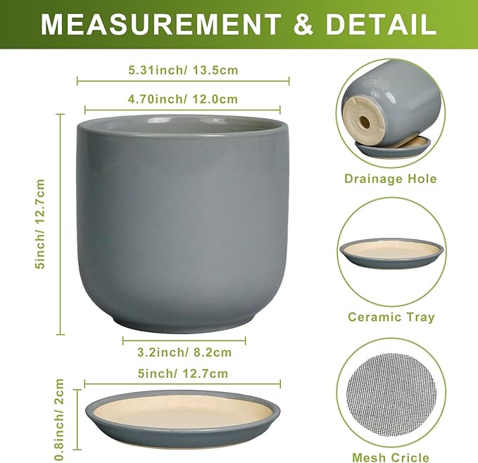 Ceramic Plant Pot 5 Inch - Modern Succulent Planter for Outdoor Indoor Plants with Drainage Hole and Saucer, Modern Home Decor, Gray