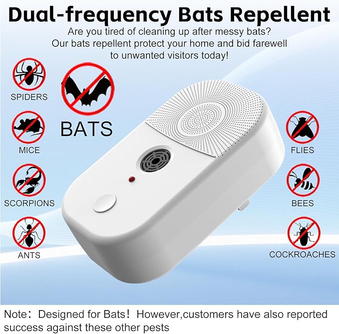 Upgraded Ultrasonic Bat Repellent Deterrent Devices for Attic, 2Pack Bat Repellent for Indoor Use, Plug in Bat Deterrent System Bats Keep Away for Home, Friendly to Human & Pets