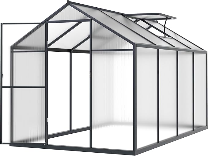VEIKOU 6' x 8' Polycarbonate Greenhouse, Upgraded Green House for Outdoor with Sturdy Aluminum Frame Greenhouse with Vent & Lockable Door, Gray