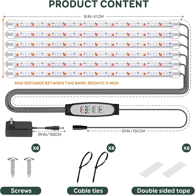 6 Bars Grow Light Strips for Indoor Plants with Auto ON/Off Timer 6/12/18H, 5 Dimmable Levels for Shelves Plant Growing(Pack 1)