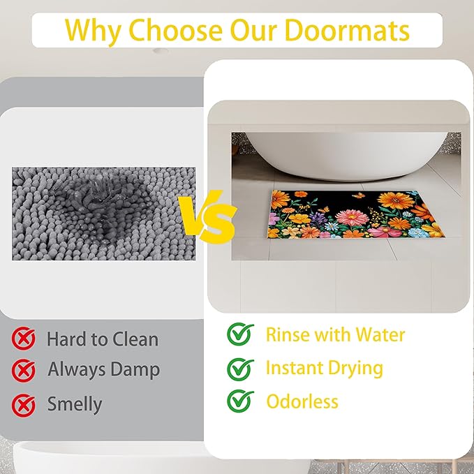Colorful Flowers Welcome Mat Indoor,Spring Garden Wildflower Butterfly Front Door Mat,Non-Slip Entryway Rug, Low Profile Felt Indoor Doormat for Back Door Porch Patio Entrance,30 x 17 Inch