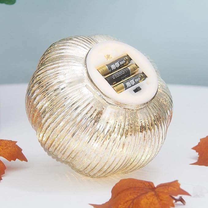 Mercury Glass Pumpkin Lights with Timer, Battery Operated Led Pumpkin Lights for Halloween Fall,Thanksgiving Rustic Decor (Silver Fine-Striped, 6")