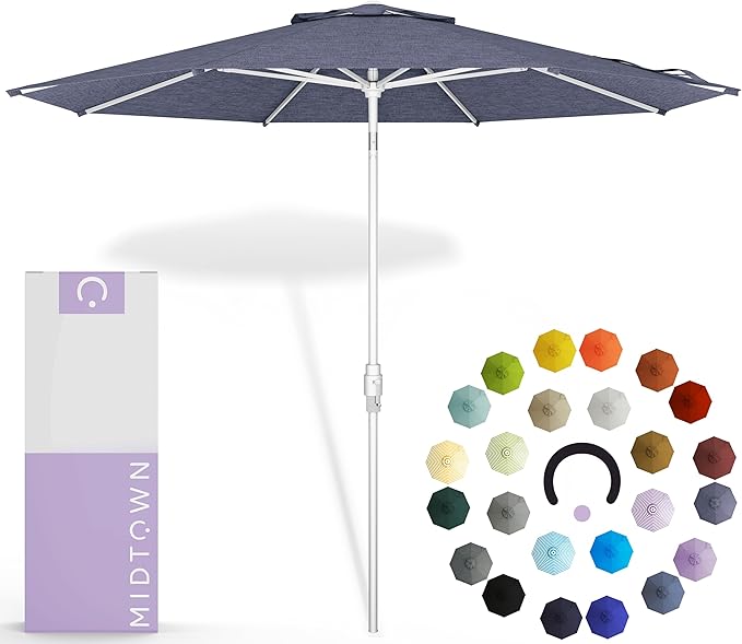 Midtown Umbrellas The Swilt 8 Feet Patio Umbrella in Terylast Purple Texture Polyester Fabric - Fiberglass Ribs, Auto-Tilt Aluminum Frame For Backyard, Deck, Garden, Pool - White Pole