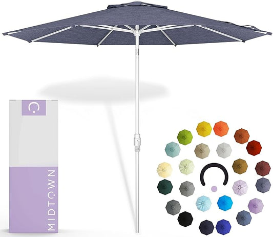 Midtown Umbrellas The Swilt 10 Feet Patio Umbrella in Terylast Purple Texture Polyester Fabric - Fiberglass Ribs, Auto-Tilt Aluminum Frame For Backyard, Deck, Garden, Pool - White Pole