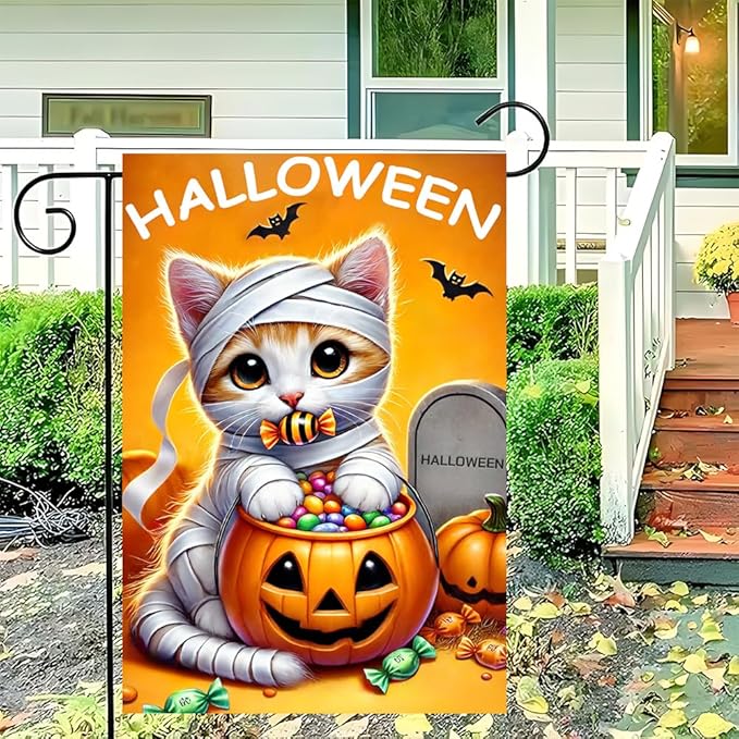 Halloween Garden Flag 11.81 x 17.72 Inch Cute Kitten in Mummy Costume with Pumpkin Candy Bucket Bats and Gravestone Outdoor Yard Decoration for Holiday Party
