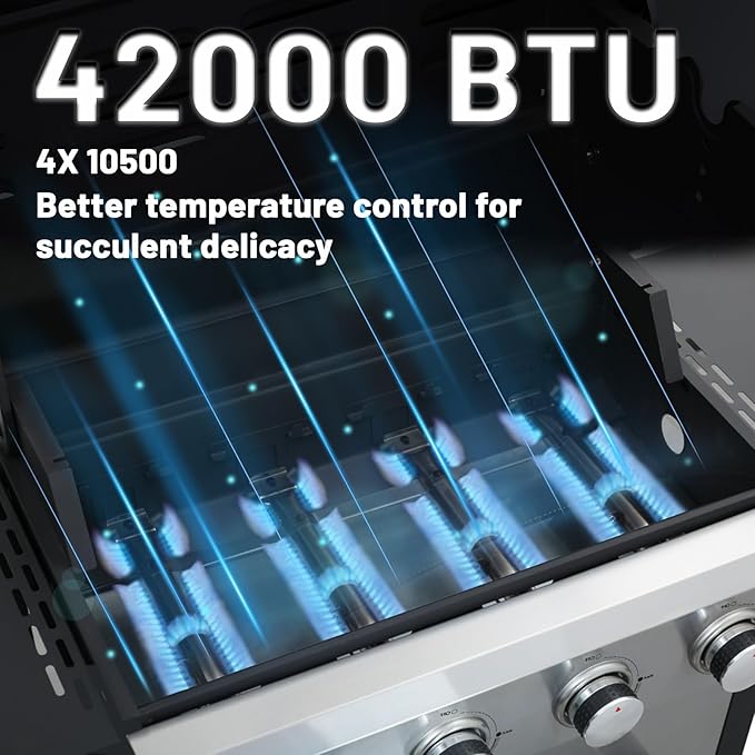 4-Burner Propane Gas BBQ Grill with Side Burner, 51000 BTU Stainless Steel Gas Grill with Rain Cover for Outdoor, Camping, Barbecue Grilling Backyard Cooking (4+1 burner)