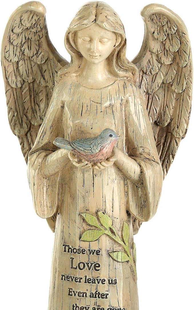 DUSVALLY Angel Statue, Memory Guardian Garden Decor, 10" H Waterproof Outdoor Angel Figurine Sculpture for Lawn & Yard (Praying, Holding The Bird)