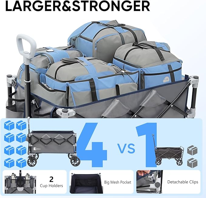 Collapsible Wagon Cart with 440lbs Weight Capacity, Heavy Duty Foldable Wagon with Big All-Terrain Wheels & Drink Holders, Utility Carts for Camping, Garden, Outdoor, Grocery, Sports. Gray