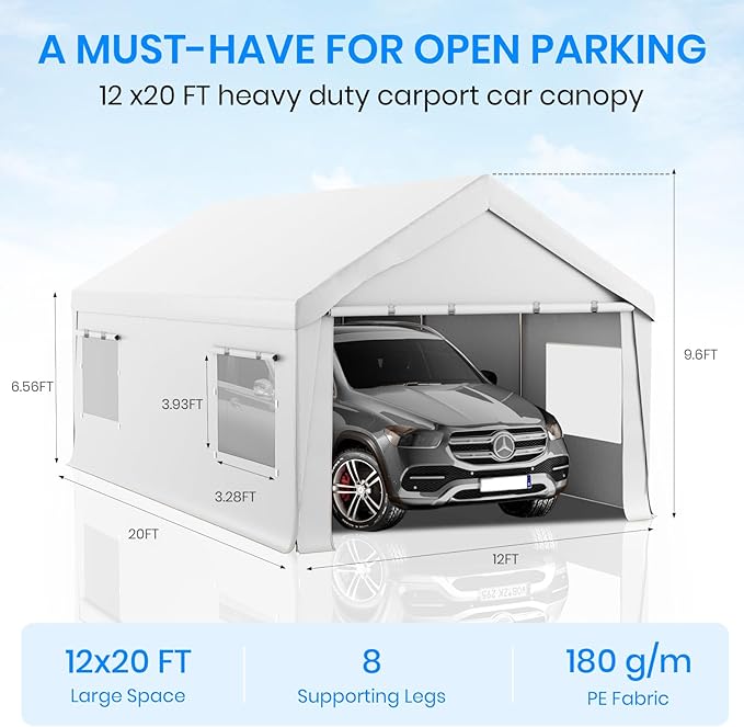 Carport 12x20 Heavy Duty Portable Garage,Carport Canopy with Roll-Up Windows & Doors,Portable Garage and Shelter with Removable Sidewalls,Car Tent Garage with All-Season Tarp for Boat Tractor Truck