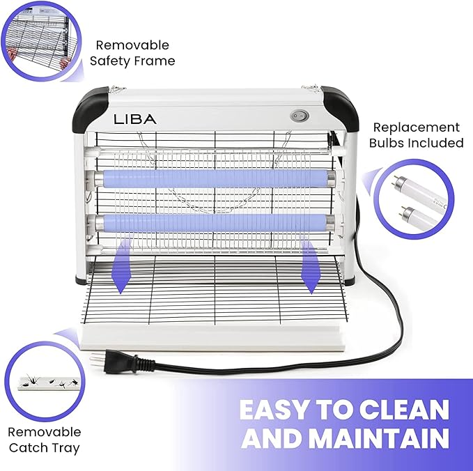 LiBa Electric Bug Zapper, Indoor Insect Killer - (2) Extra Replacement Bulbs - Fly, Mosquito Killer and Repellent - Lightweight, Powerful 2800V Grid, Easy-to-Clean, with a Removable Washable Tray.
