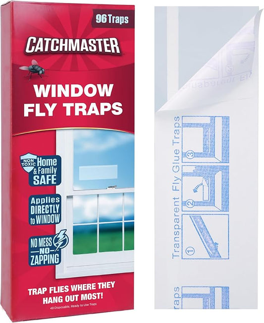 Catchmaster Window Fly Traps 96-Pack, Fruit Fly Traps for Indoors, Disposable Bulk Bug Catcher, Waterproof Insect Glue Trap, Adhesive Strips, Pet Safe Pest Control for Home, Kitchen, & Garage