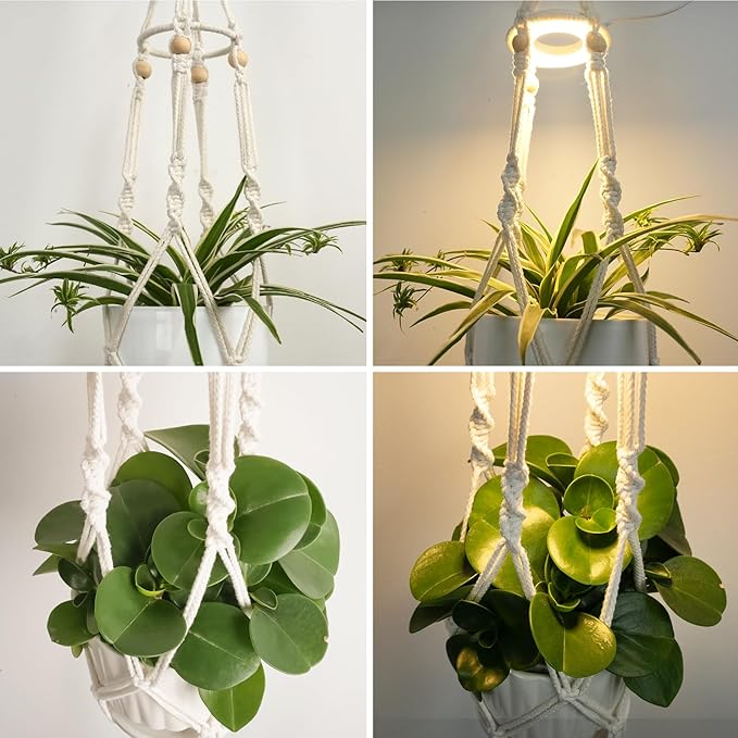 Macrame Plant Hanger with Grow Light: 2 Pack Sturdy Hanging Planters for Indoor Plants, Cute Plant Holder with Plant Light, Perfect for Different Size Pots (Daylight Spectrum)