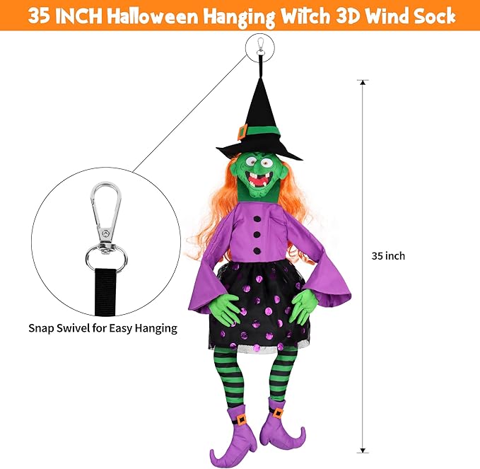 POPGIFTU 35" Halloween Witch 3D Windsock – Outdoor Hanging Witch Decoration for Yard, Porch, Garden or Party