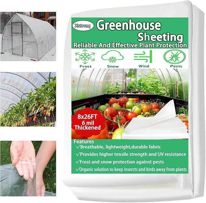 8FTx26FT Greenhouse Plastic Sheeting, 6 Mil Thick Clear Polyethylene Film, Waterproof Wind Frost Dust UV Resistant Green House Plastic Covering for Outdoor Plant, Garden, (8ft x 26ft)
