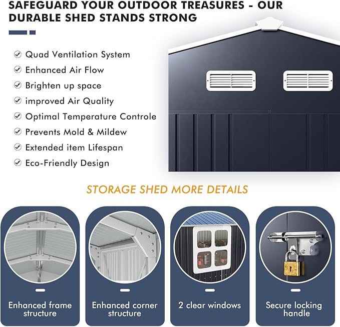 Metal Shed 10x16 FT Large with Customizable Skylight and Reinforced Steel Frame, Heavy-Duty Galvanized Steel Big Garden Sheds with Lockable Doors,4 Pane Windows, Large Utility Tool Sheds