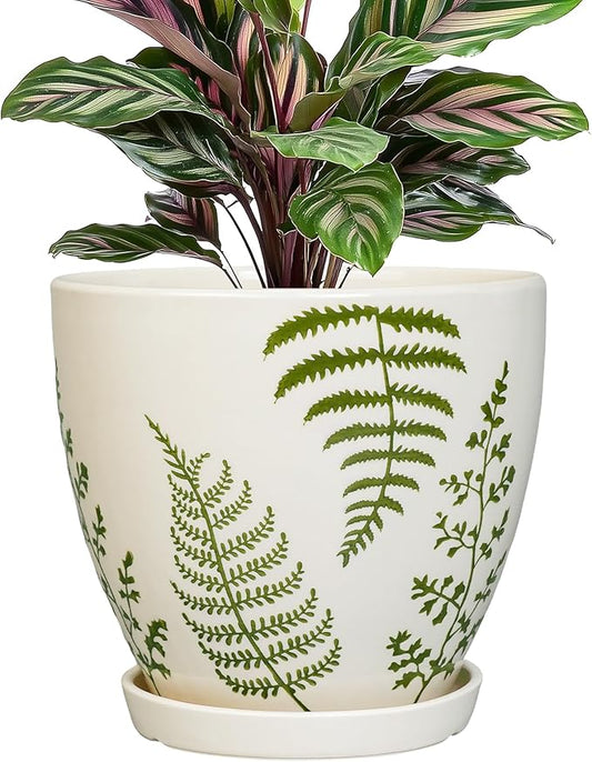 Ceramic Pot for Plants - 6.8 Inch Plant Pot Indoor with Drainage Hole and Saucer, Boho Round Planter for Indoor Outdoor Flowers, Gardening Gifts for Women Men, Garden Home Office Decor, White