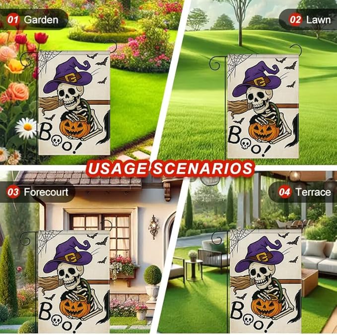 Halloween Garden Flag 12x18 Inch Skeleton Pumpkin Witch Hat Boo Yard flag Double Sided Outdoor Porch Patio Lawn Party Decoration for Fall Holiday Birthday