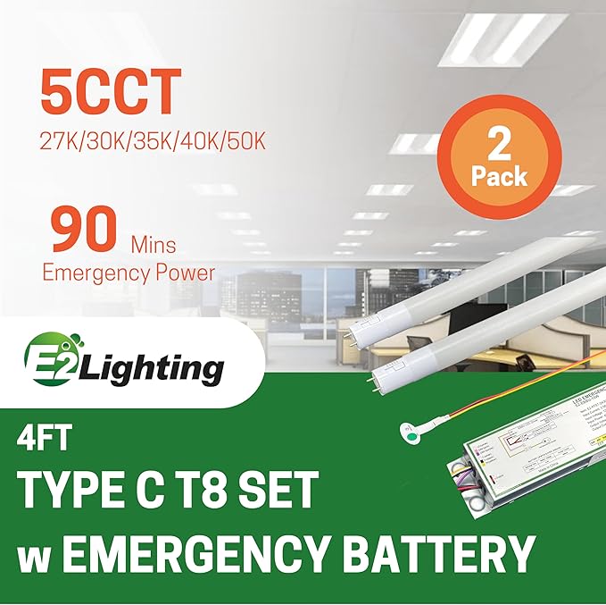 LED Type C T8 Tube Light Kit with Emergency Battery Driver, 2 Tube&1 Driver, 90 Min Backup Power Replacement for T12/T5/T8 Troffer/Strip Fixtures-2 Pack