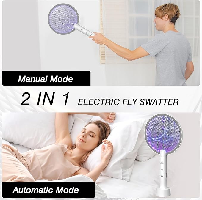 Bug Zapper Racket, 2 in 1 Electric Fly Zapper USB Rechargeable, 4000V Electric Fly Swatter with 3 Layer Safety Mesh, Indoor Outdoor Electric Racket for Kitchen, Bedroom, Camping