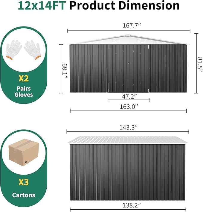 12x14 FT Outdoor Storage Shed, Garden Shed with Updated Frame Structure and Lockable Doors, Metal Tool Sheds for Backyard Garden Patio Lawn, White