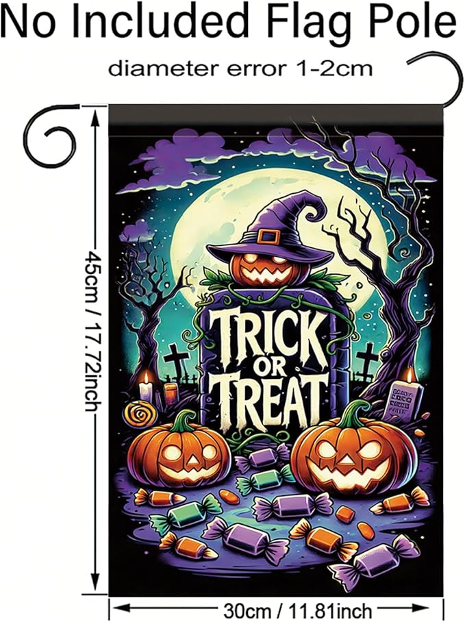 Halloween Garden Flag Pumpkin Witch Hat Trick or Treat Flag 12x18 Inch Double Sided Outdoor Yard Banner for Halloween Haunted House Spooky Decoration Decor