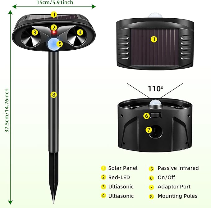 2025 Upgraded Solar Ultrasonic Animal Repellent Outdoor, 4 Pack Deer Repellent Devices USB Charge Animal Deterrent for Cat,Squirrel,Dog,Raccoon,Skunk,Rabbit Repellent for Yard Garden Lawn,Black