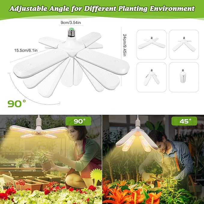 200W LED Grow Light Bulb - 552 LED Plant Light Bulb E26/E27 Sunlike Full Spectrum Plant Grow Lamp with IP54 Waterproof Foldable Four-Leaf Lamp Body for Hydroponics Garden Greenhouse Houseplants