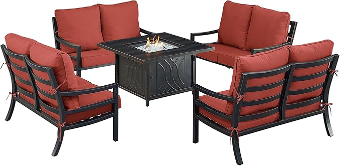 Oakland Living Black Aluminum Patio Fire Table Set with Four Deep Seating Loveseat with Cushions with Red Cushions