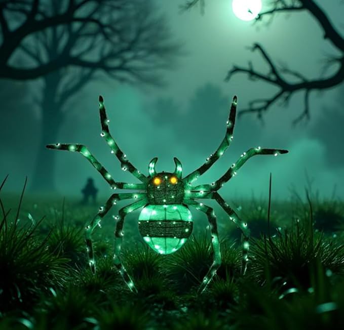 【1 Piece】 4.6Ft Giant Spider Halloween Decorations Outdoor 55" Light Up Spider with 90 LED Lights for Front Yard, Porch, Garden, Lawn, Halloween Party (Green)