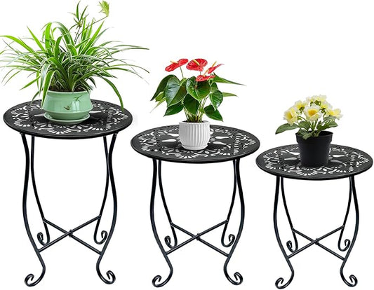 3pcs Plant Stand Small Outdoor Table,Round Black Metal Shape with Decorative Openwork Flower Pattern, Anti-Rust Wrought Iron Patio Table for Indoor Plant Stand,Porch,Balcony,Garden,Yard (Small & Medium & Large)