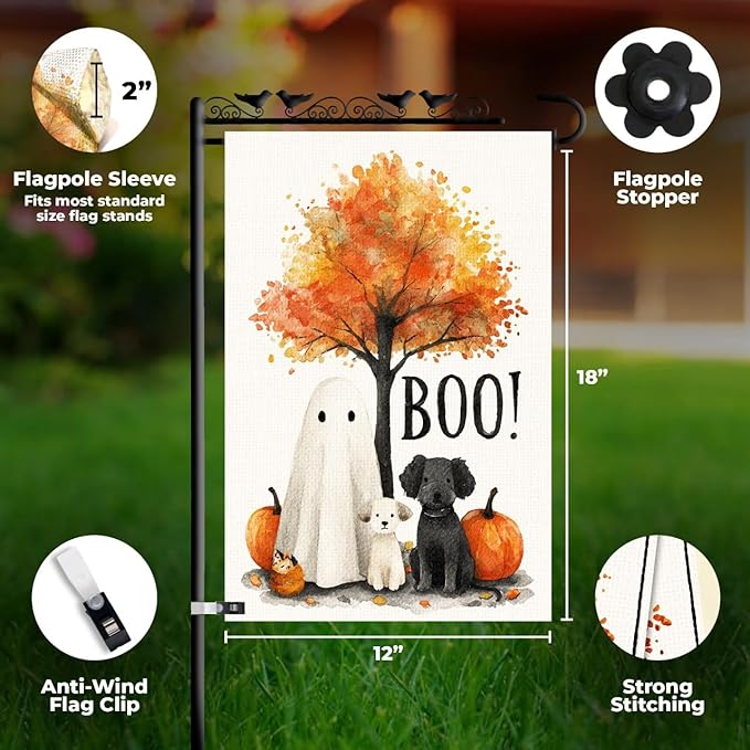 Happy Halloween Garden Flag – Ghost with Dogs and Pumpkins Design, 12x18 Double Sided Burlap Yard Flag for Fall Outdoor Decoration, Weatherproof