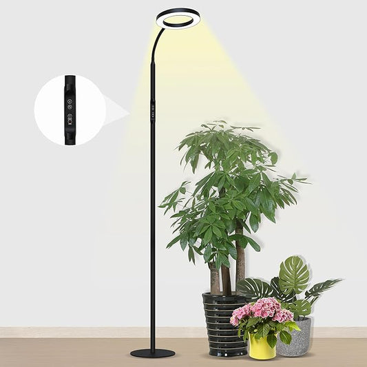 Grow Light for Indoor Plants, Full Spectrum Led Plant Growing Lights with Stand, Tall Halo Floor Growth Lamp with Timer, Height Adjustable, Dimmable Brightness for Large Plants