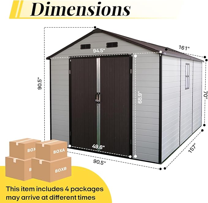8x14 FT Resin Storage Sheds Outdoor with Floor Included, Plastic Sheds & Outdoor Storage Clearance with 2 Windows and Lockable Door, Backyard Storage Sheds for Garden Tools, Brown+White