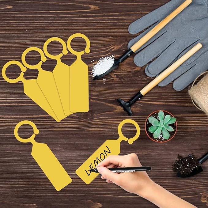 Plant Labels Yuanling 100Pcs Plastic Waterproof Plant Tree Tags Nursery Garden Markers for Indoor Outdoor Gardening Plants Vegetables Flowers Potted (Yellow Color with 1 Marker Pen)