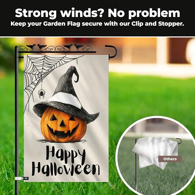 Halloween Garden Flag 12x18 Double Sided – Burlap Yard Flag with Pumpkin Wearing Hat and Spider Web for Outdoor Fall Halloween Decor