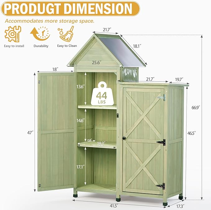 Outdoor Storage Cabinet - Waterproof Metal Roof & Wooden Vertical Design, Tall Garden Tool Shed with Multiple Shelves for Patio, Backyard, Lawn, Yard (Green, 22" x 46" x 67")