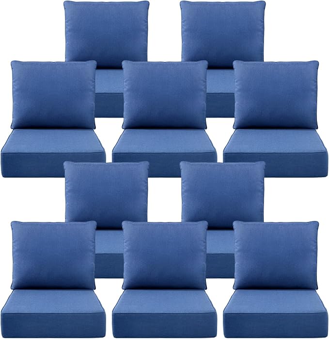 Luxury 6" Outdoor Cushions for Patio Furniture, 24x24x6 Thick Seat Cushion Set of 10, Fade Resistant Couch Chair Replacement Cushions High Density Deep Wicker Chair Cushion w/Removable Cover, Blue