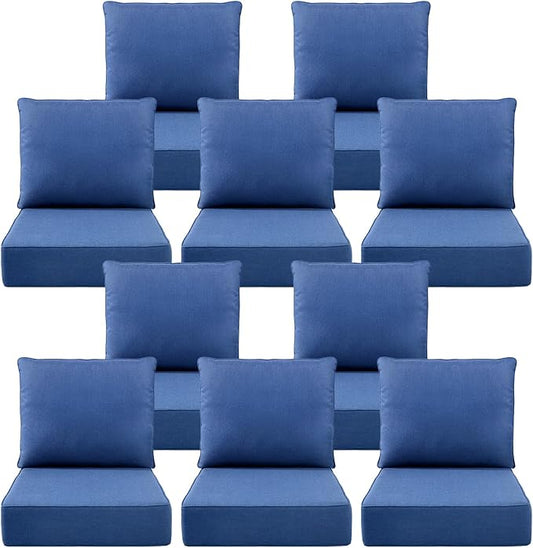 Luxury 6" Outdoor Cushions for Patio Furniture, 24x24x6 Thick Seat Cushion Set of 10, Fade Resistant Couch Chair Replacement Cushions High Density Deep Wicker Chair Cushion w/Removable Cover, Blue