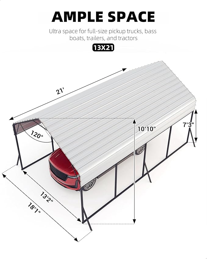 13'x21'x11' Oversized Metal Carport, Heavy Duty Metal Car Port for All-Weather, Steel Shed for Bass Boats, Pickup Trucks, and Tractors, N.W. 660 Lbs