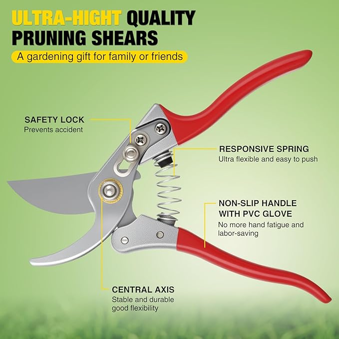 Yesker Pruning Shears Garden Shears 8.6" Professional Bypass Garden Scissors Yard Clippers with Sharp SK5 Steel Blade Heavy Duty Hand Pruners for Branch Flower Plant Trimming Cutting Gardening Tools