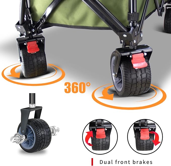 TMZ Collapsible Folding Wagon Cart, Outdoor Utility Garden Cart, Heavy Duty Camping Wagon with Big Wheels, Foldable Wagon for Sports, Shopping, Fishing and Beach-Green