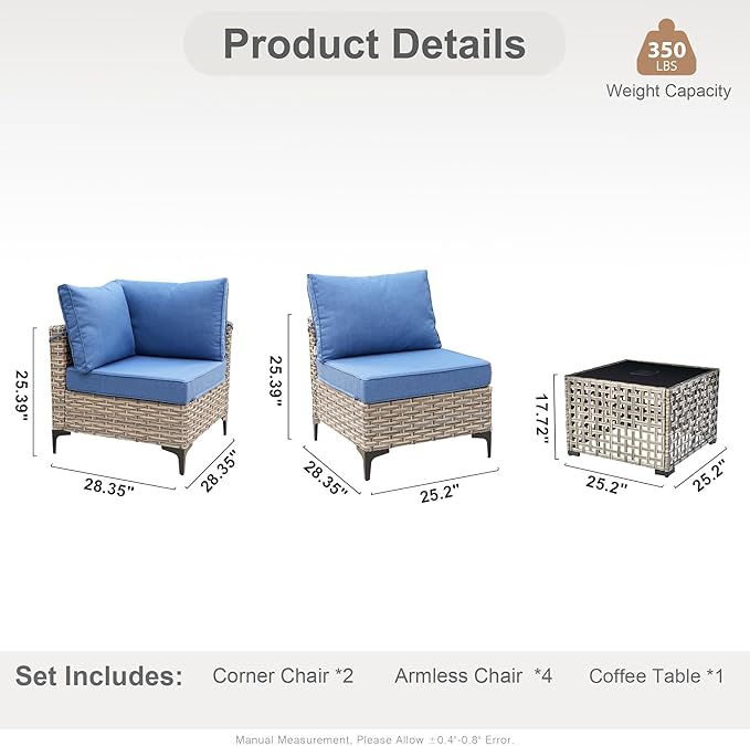 HOOOWOOO Outdoor Patio Furniture Set,7 Pieces Wicker Out Door Sectional Furniture L Shaped Couch,Outside Patio Conversation Sets with LED Table,Blue