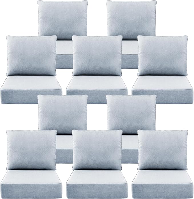 Luxury 6" Outdoor Cushions for Patio Furniture, 24x24x6 Thick Seat Cushion Set of 10, Fade Resistant Couch Chair Replacement Cushions High Density Wicker Chair Cushion w/Removable Cover Baby Blue