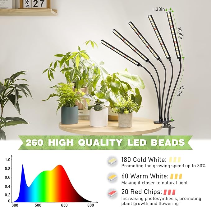 FOXGARDEN Grow Lights for Indoor Plants Full Spectrum, Plant Lights for Indoor Growing with Timer 4/8/12 H, Five-Head 260 LED Clip Grow Lamp with Gooseneck, 4 Brightness Levels for Plant Growing