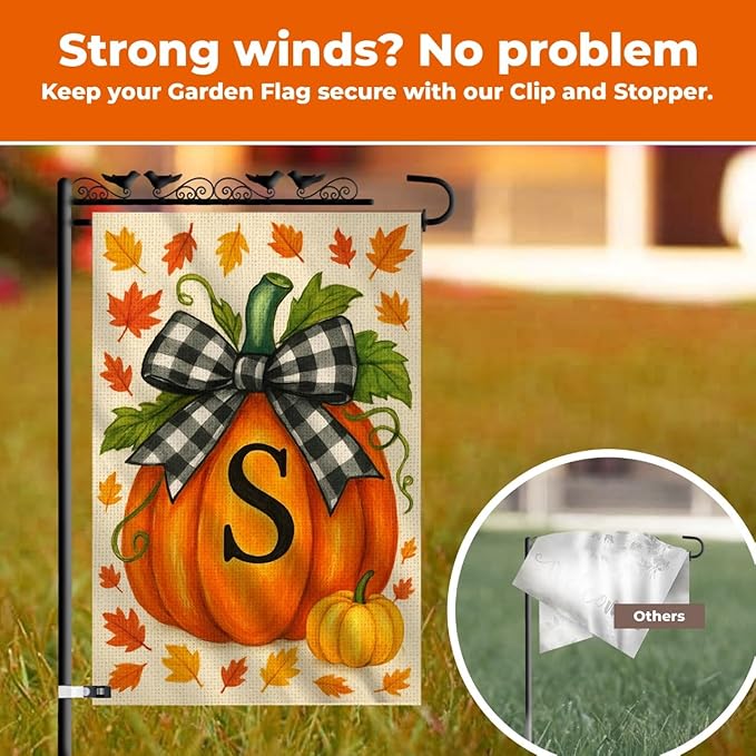 Fall Garden Flags 12x18 Double Sided – Pumpkin Monogram Garden Flag S – Fall Yard Flags for Outside Burlap, Weatherproof & Fade Resistant, Farmhouse Outdoor Décor