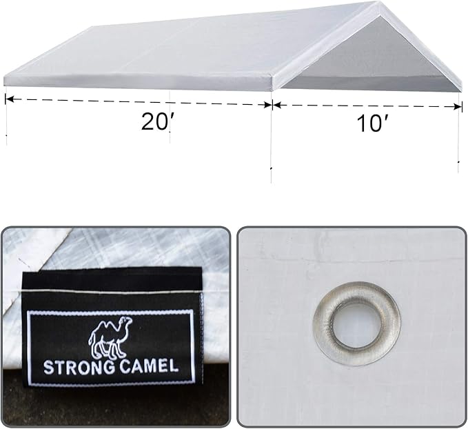 Strong Camel 10'x20' Carport Replacement Canopy Cover for Tent Top Garage Shelter Cover with Ball Bungees (Only Cover, Frame is not Includ (White, 10x20)